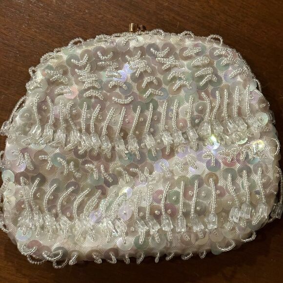 Vintage white purse, small beaded hand made, 80s vintage, wedding